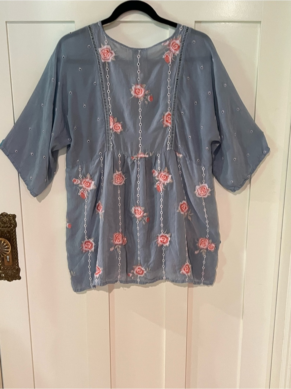 Johnny Was Embroidered Feminine Tunic Slate Blue Cupra Rayon Pink Floral Small - Picture 5 of 13